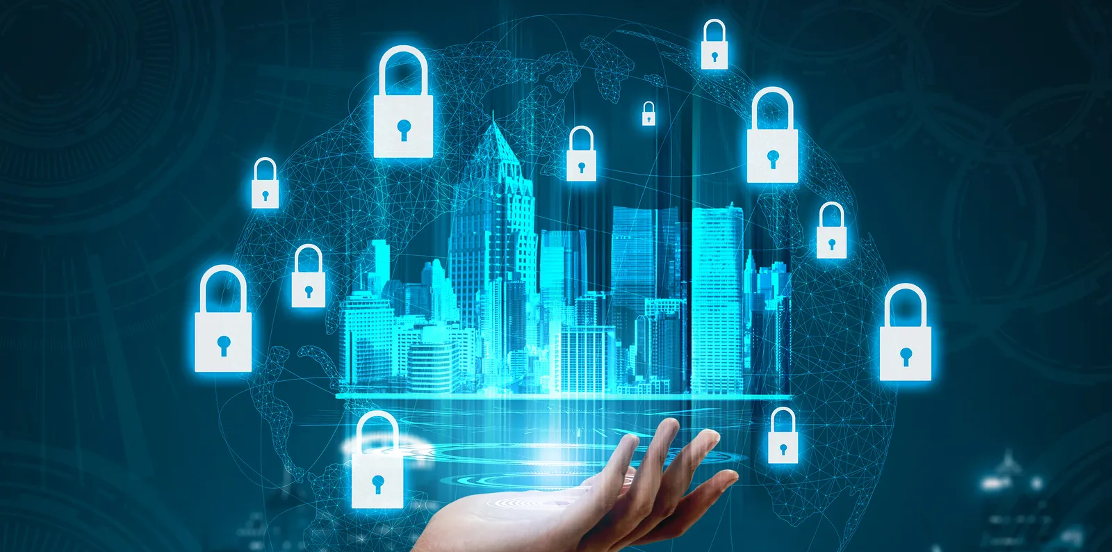 Image with a virtual city and several locks around depicting web security 101 for any business
